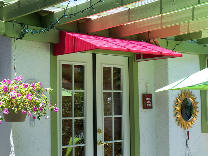 bright red door awning